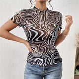 2025 new elegant mesh printing striped fungus edge short - sleeved T-shirt slim top women's clothing - Negative Apparel