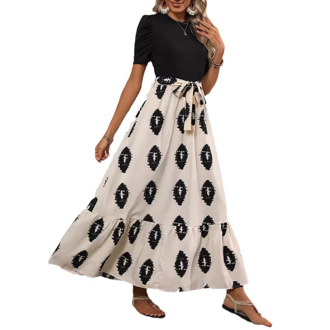 2025 new elegant women's geometric printing round neck bubble sleeve hem ruffle edge dress - Negative Apparel