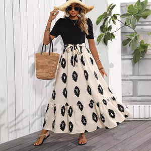 2025 new elegant women's geometric printing round neck bubble sleeve hem ruffle edge dress - Negative Apparel