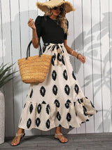 2025 new elegant women's geometric printing round neck bubble sleeve hem ruffle edge dress - Negative Apparel