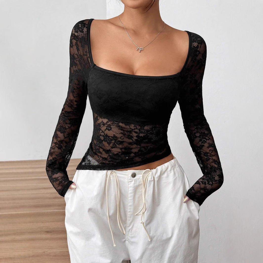 2025 new elegant women's lace U - neck asymmetrical hem design long - sleeved T-shirt top women - Negative Apparel
