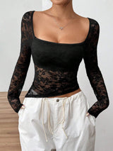 2025 new elegant women's lace U - neck asymmetrical hem design long - sleeved T-shirt top women - Negative Apparel
