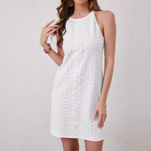 2025 new elegant women's solid color lace splicing sleeveless sexy backless dress - Negative Apparel