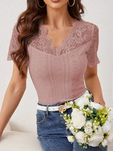 2025 new fan - shaped front and back V - neck lace stitching slim fit T-shirt short - sleeved tops for women - Negative Apparel