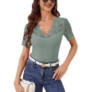 2025 new fan - shaped front and back V - neck lace stitching slim fit T-shirt short - sleeved tops for women - Negative Apparel