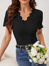 2025 new fan - shaped front and back V - neck lace stitching slim fit T-shirt short - sleeved tops for women - Negative Apparel