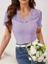 2025 new fan - shaped front and back V - neck lace stitching slim fit T-shirt short - sleeved tops for women - Negative Apparel
