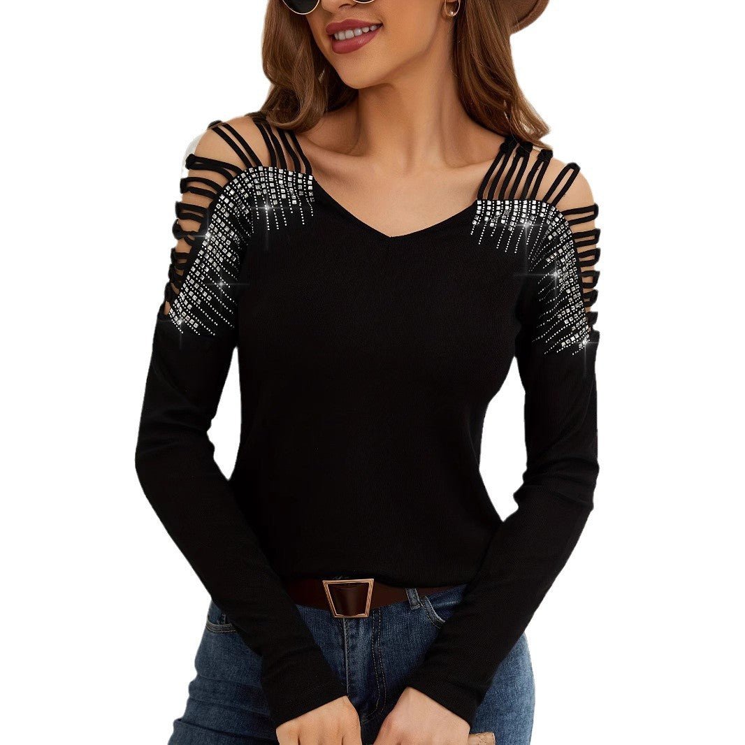 2025 new fashion lace splicing heavy industry hot diamond v - neck empty long - sleeved T-shirt women's top - Negative Apparel