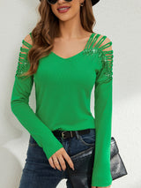 2025 new fashion lace splicing heavy industry hot diamond v - neck empty long - sleeved T-shirt women's top - Negative Apparel