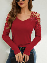 2025 new fashion lace splicing heavy industry hot diamond v - neck empty long - sleeved T-shirt women's top - Negative Apparel