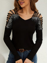 2025 new fashion lace splicing heavy industry hot diamond v - neck empty long - sleeved T-shirt women's top - Negative Apparel