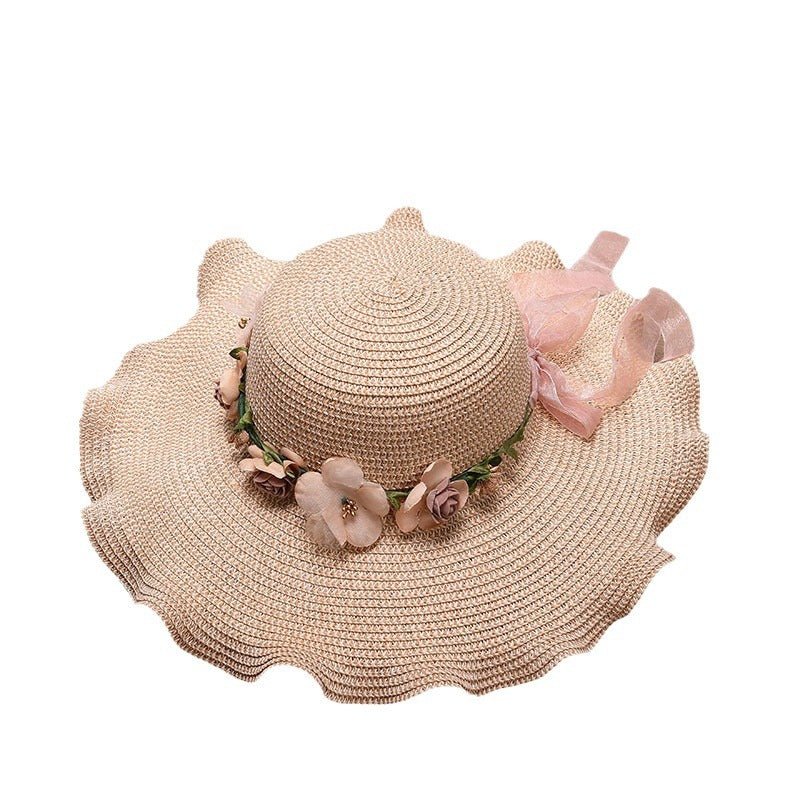 2025 new Korean style women's hat big wave flower sun hat beach outdoor sun hat sun protection straw hat - Negative Apparel