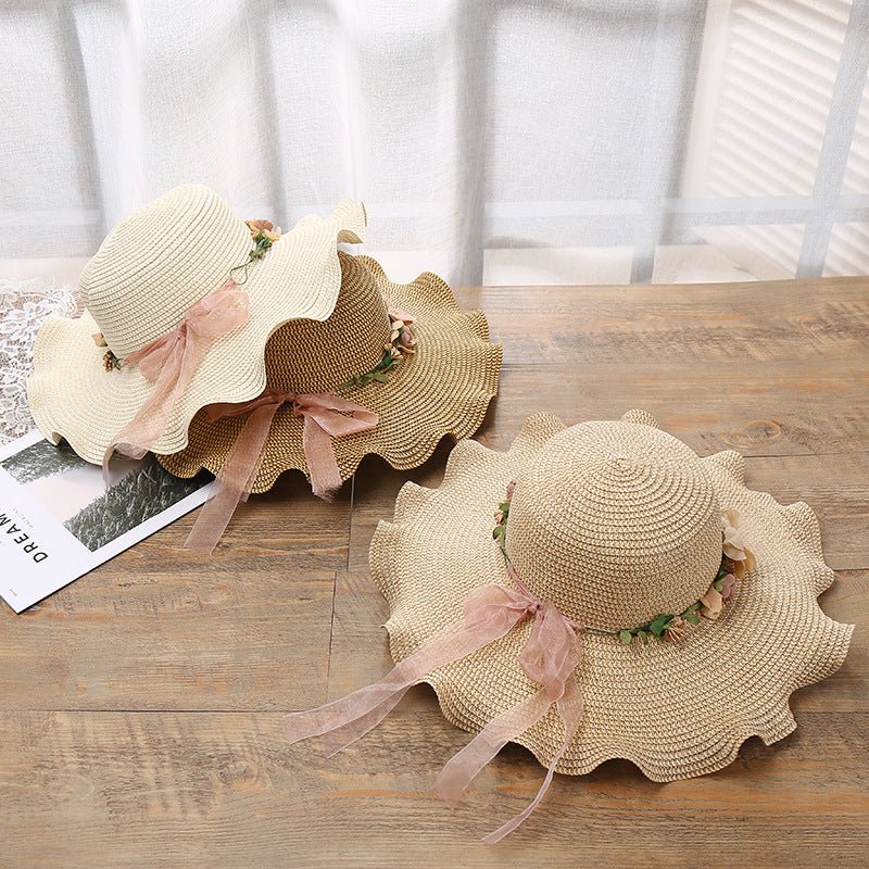 2025 new Korean style women's hat big wave flower sun hat beach outdoor sun hat sun protection straw hat - Negative Apparel