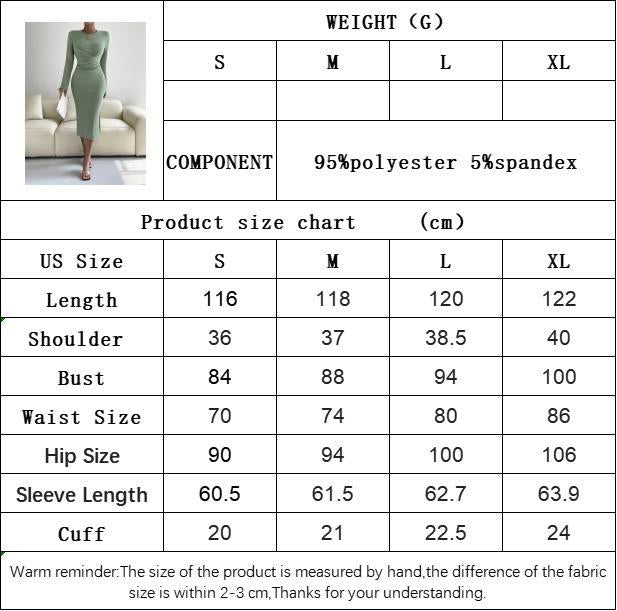 2025 new round neck slim bodycon mid - length dress long - sleeved dress - Negative Apparel
