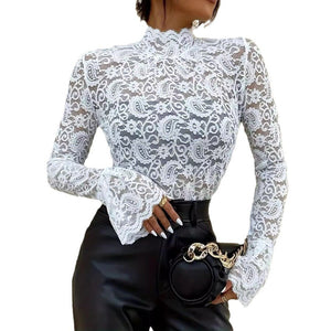 2025 new sexy cashew flower lace slim fit outer wear inner wear trumpet sleeve tops for women - Negative Apparel