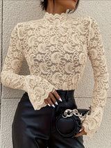 2025 new sexy cashew flower lace slim fit outer wear inner wear trumpet sleeve tops for women - Negative Apparel