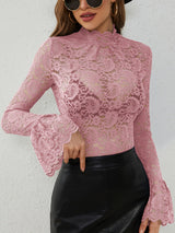 2025 new sexy cashew flower lace slim fit outer wear inner wear trumpet sleeve tops for women - Negative Apparel