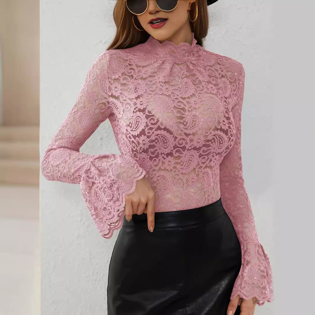 2025 new sexy cashew flower lace slim fit outer wear inner wear trumpet sleeve tops for women - Negative Apparel