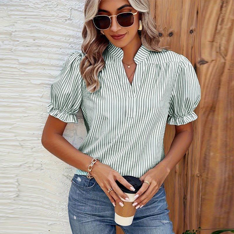 2025 New Striped Shirt Lantern Short - sleeved Shirt Pullover Women's Tops - Negative Apparel