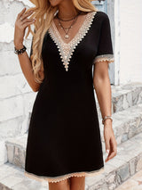 2025 new V - neck lace splicing solid color short - sleeved long slim and thin dress - Negative Apparel