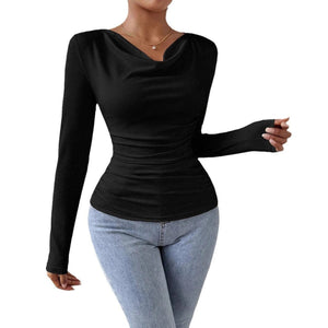 2025 pile collar pleated long - sleeved tops for women - Negative Apparel