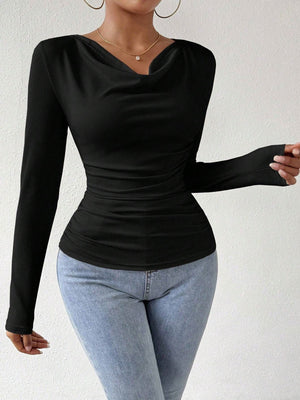 2025 pile collar pleated long - sleeved tops for women - Negative Apparel