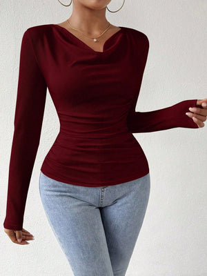 2025 pile collar pleated long - sleeved tops for women - Negative Apparel