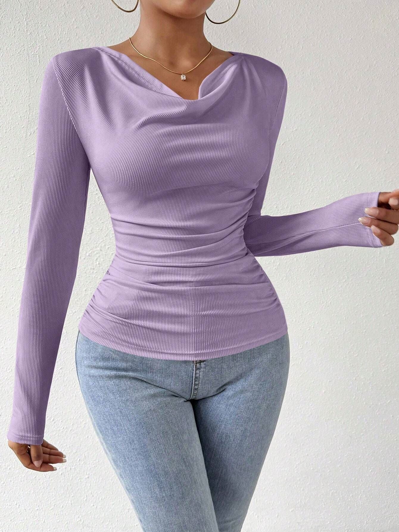 2025 pile collar pleated long - sleeved tops for women - Negative Apparel