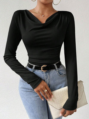 2025 pile collar pleated long - sleeved tops for women - Negative Apparel