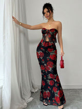 2025 Sexy Red Rose Tube Top Mermaid Dress with Floral Details - Negative Apparel