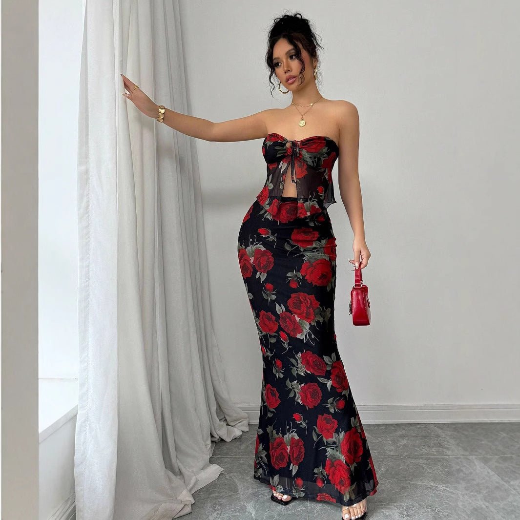 2025 Sexy Red Rose Tube Top Mermaid Dress with Floral Details - Negative Apparel