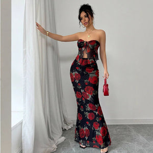 2025 Sexy Red Rose Tube Top Mermaid Dress with Floral Details - Negative Apparel