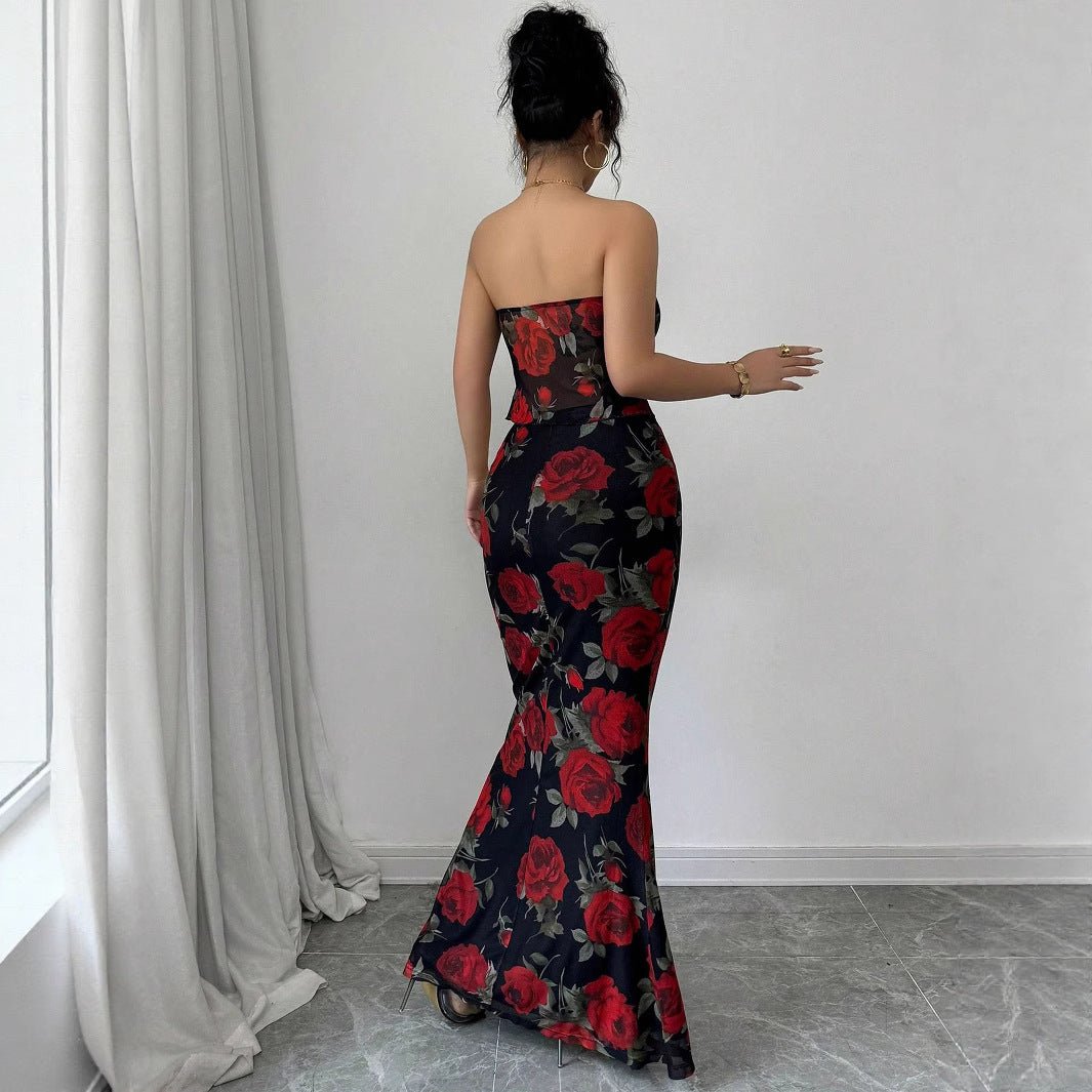 2025 Sexy Red Rose Tube Top Mermaid Dress with Floral Details - Negative Apparel