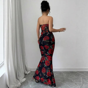 2025 Sexy Red Rose Tube Top Mermaid Dress with Floral Details - Negative Apparel