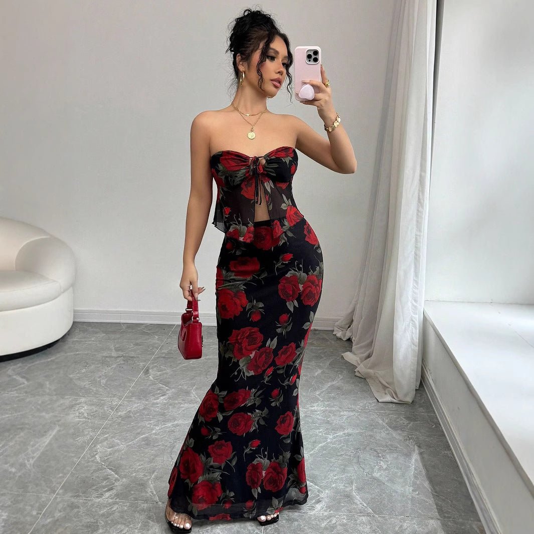 2025 Sexy Red Rose Tube Top Mermaid Dress with Floral Details - Negative Apparel