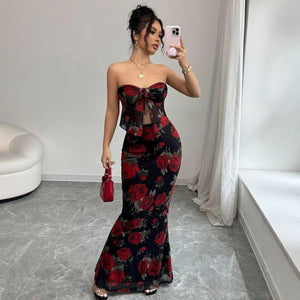 2025 Sexy Red Rose Tube Top Mermaid Dress with Floral Details - Negative Apparel