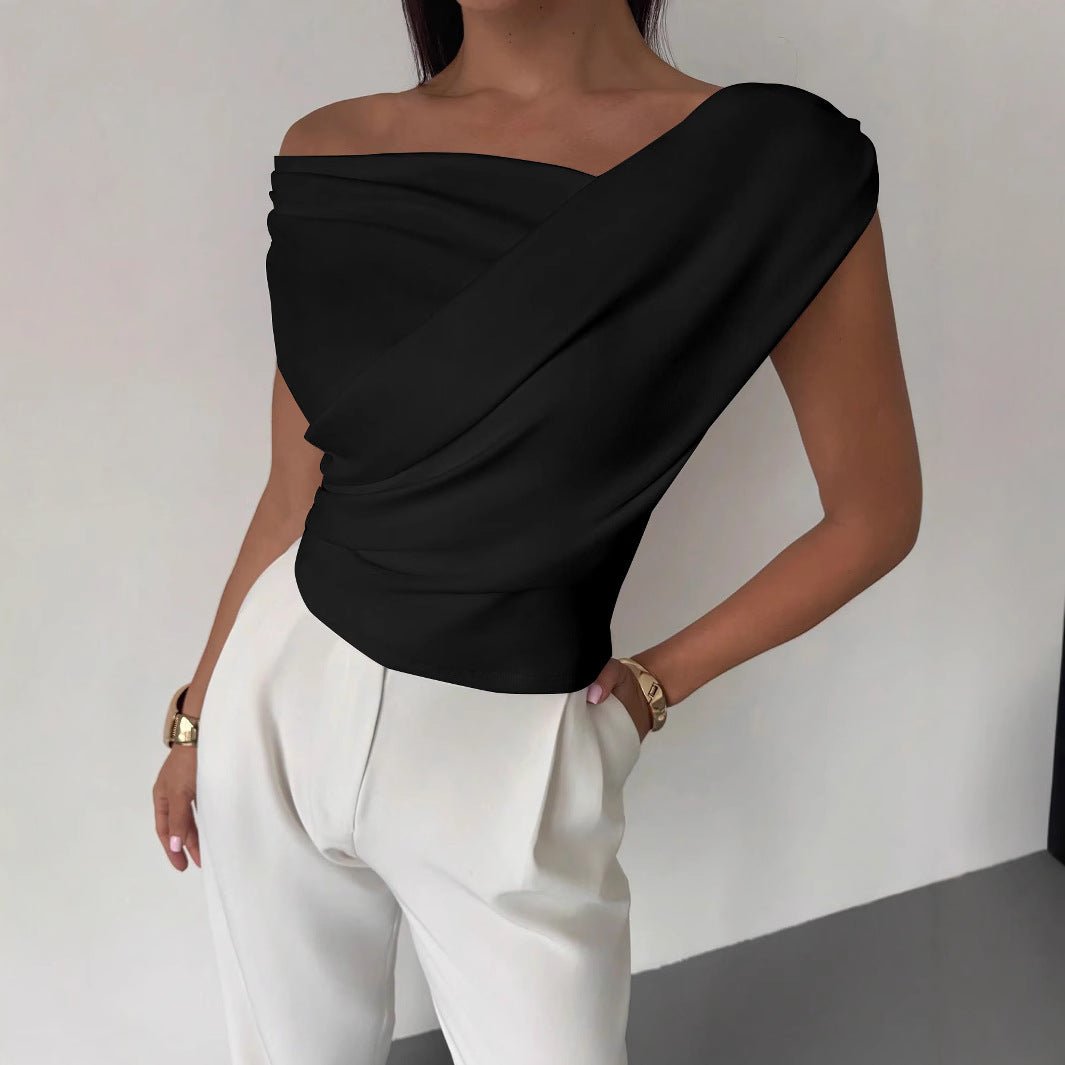 2025 solid color sleeveless T-shirt women's simple style oblique shoulder slimming sleeveless short top - Negative Apparel