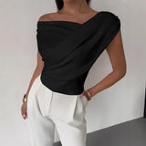 2025 solid color sleeveless T-shirt women's simple style oblique shoulder slimming sleeveless short top - Negative Apparel