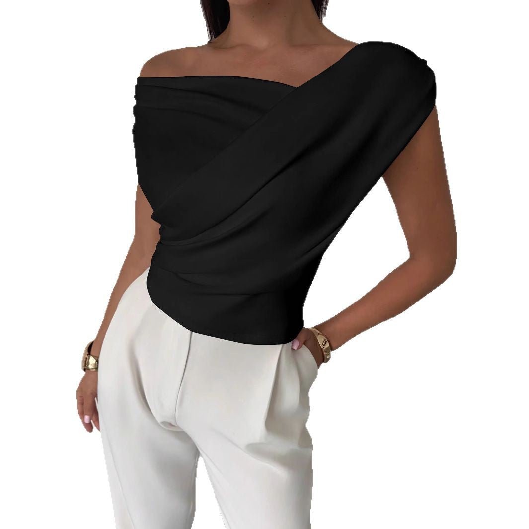 2025 solid color sleeveless T-shirt women's simple style oblique shoulder slimming sleeveless short top - Negative Apparel