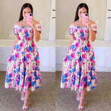 2025 Spring and Summer Artistic French Fresh Print Shirred Dress - Negative Apparel