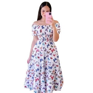 2025 Spring and Summer Artistic French Fresh Print Shirred Dress - Negative Apparel