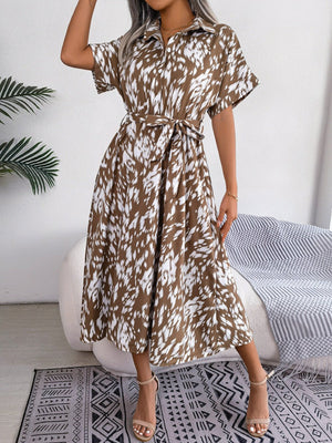 2025 spring and summer casual loose leopard print lace - up shirt dress - Negative Apparel