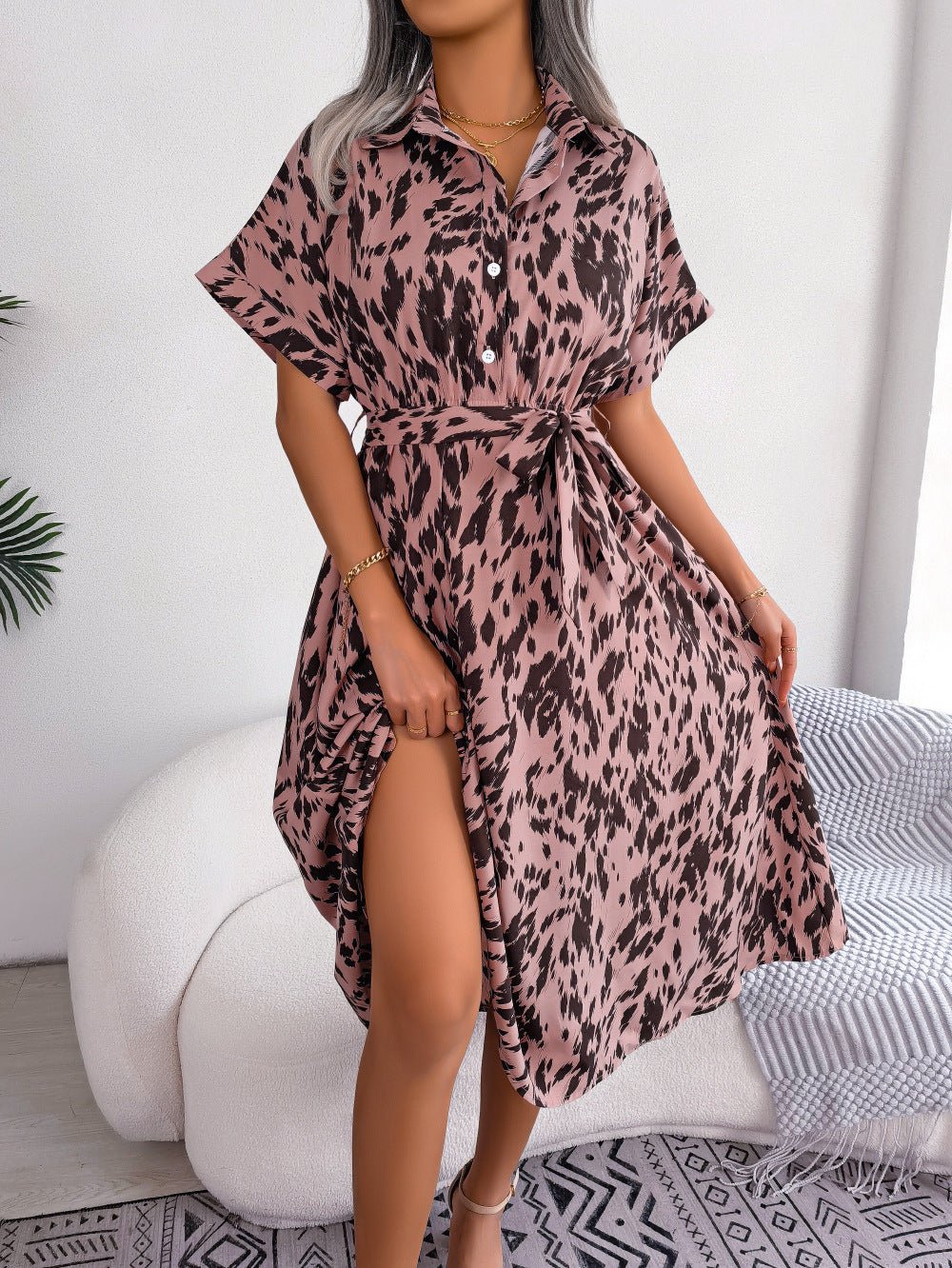 2025 spring and summer casual loose leopard print lace - up shirt dress - Negative Apparel