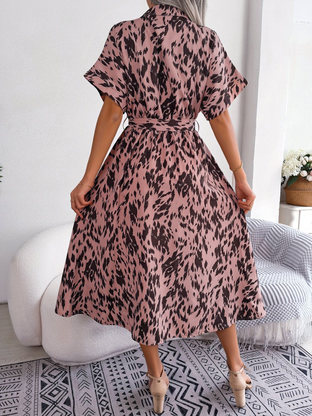 2025 spring and summer casual loose leopard print lace - up shirt dress - Negative Apparel