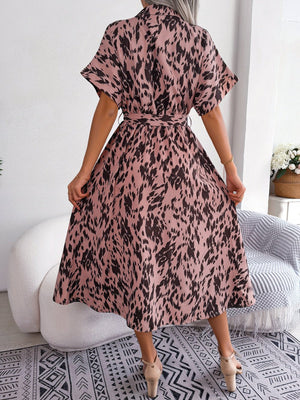 2025 spring and summer casual loose leopard print lace - up shirt dress - Negative Apparel