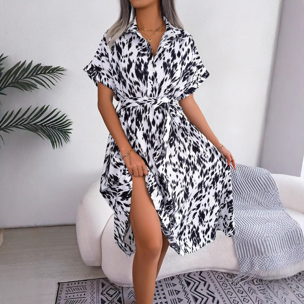 2025 spring and summer casual loose leopard print lace - up shirt dress - Negative Apparel