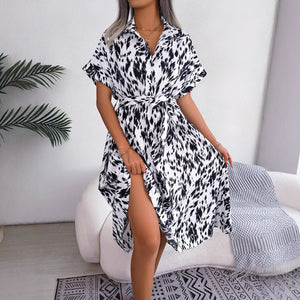 2025 spring and summer casual loose leopard print lace - up shirt dress - Negative Apparel