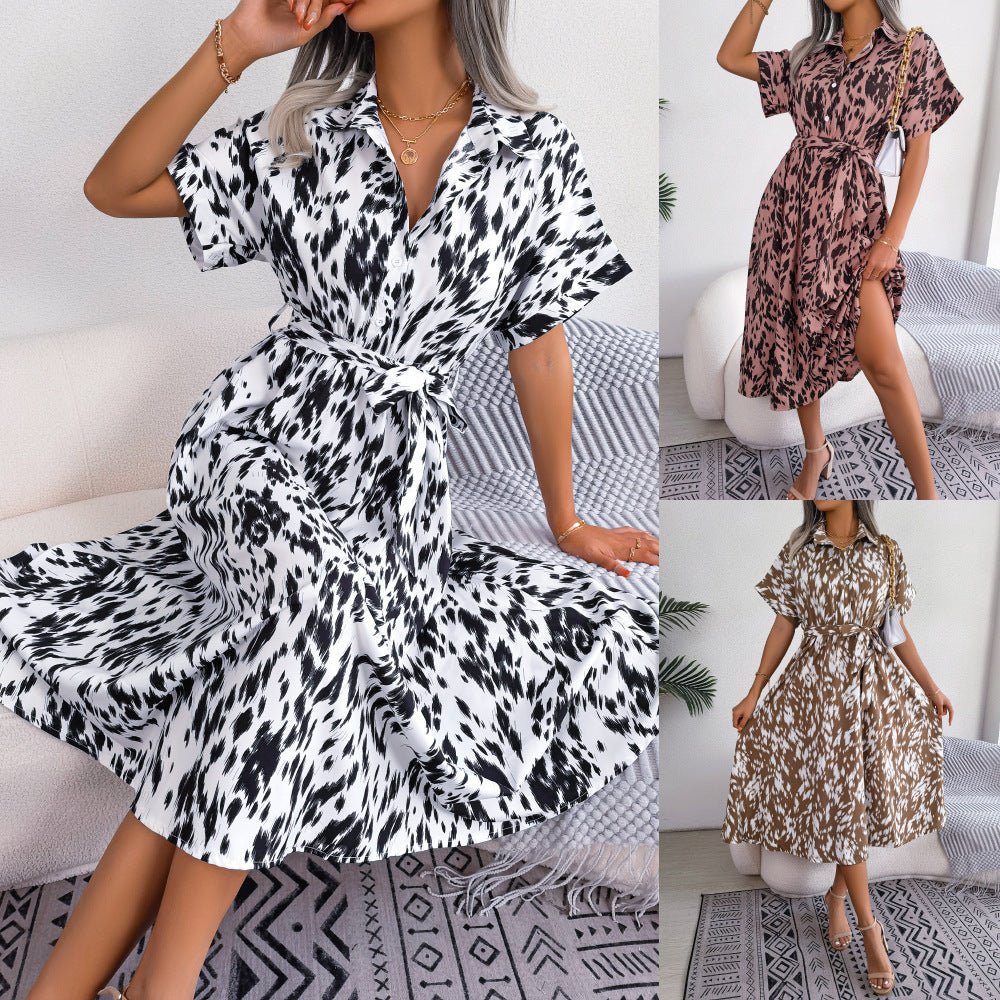 2025 spring and summer casual loose leopard print lace - up shirt dress - Negative Apparel