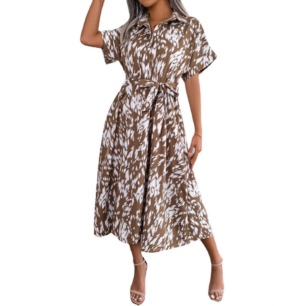 2025 spring and summer casual loose leopard print lace - up shirt dress - Negative Apparel