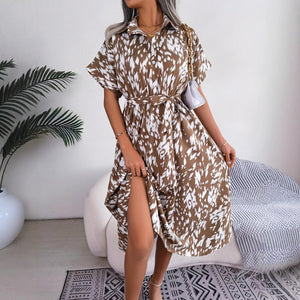 2025 spring and summer casual loose leopard print lace - up shirt dress - Negative Apparel